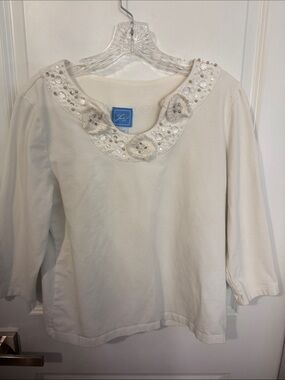 Lilly Pulitzer Cream Long Sleeve Top with Beaded Floral Collar